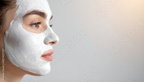 A woman applies a white face mask, gazing thoughtfully to the side against a soft gray background, evoking a sense of self-care and tranquility.