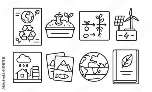 Line style icons of school eco learning tools: sustainability poster, compost model tray, plant life cycle board, clean energy kit, rainwater diagram, ecosystem flashcards, earth zones map, nature