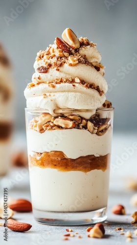 Wallpaper Mural Glass dessert with white cream and nut topping. Sweet vegetarian dessert. Delicious layered dessert. Close up dessert. Nuts and cream in cup Torontodigital.ca