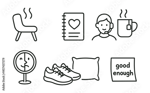 Line style icons of self-care for gentle parenting: breath space chair, parent journal, support call icon, pause for tea mug, emotions mirror, movement break shoes, early bedtime pillow, “good enough