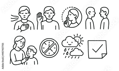 Line style icons of mindful response strategies: slow breath before answer, “need a moment” gesture, whisper technique badge, mirror posture icon, affirm child’s truth, no rush to fix sign, emotional