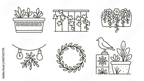 Line style icons of decorative balcony planting: terracotta set, ivy along railing, cascading blooms icon, ceramic animal pot, string light with greens, bird sculpture, balcony wreath, painted tiles