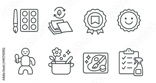 Line style icons of resource-wise art practices: eco paint set, reused paper scraps, cardboard cutout badge, bottle cap art icon, found object sculpture, natural dye station, low-waste art tray,