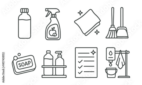 Line style icons of eco cleaning habits: refillable bottle icon, vinegar spray sign, washable cloth symbol, broom + dustpan set, green soap bar, supply shelf with refills, cleaning chart poster,