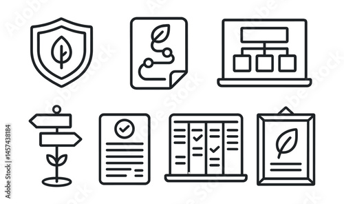 Line style icons of school-wide green policy tools: eco charter badge, green goals roadmap, shared responsibility plan, whole-school audit icon, sustainability roles sign, end-of-term report,