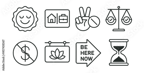 Line style icons of presence over productivity: joy in the moment badge, work-life boundary card, say no with peace sign, enough is enough scale, no to hustle icon, mindful pause board, “be here now”