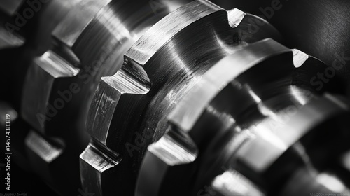 Intricate details of a machined metal part are highlighted under factory lighting. The component showcases smooth surfaces and precise grooves, reflecting the advanced engineering involved