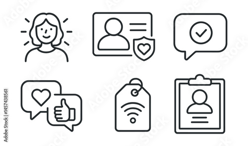Line style icons of positive online identity: “authentic self” icon, profile with values badge, clear bio card, true voice bubble, kind interaction symbol, “offline too” tag, healthy profile board,