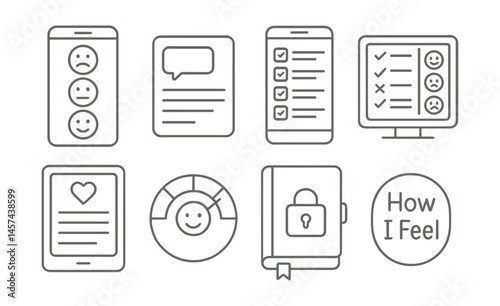 Line style icons of digital journaling and self-checks: mood log screen, thoughts-to-self card, weekly goals in app, habit reflection board, digital gratitude page, emotion tracker icon, journal with