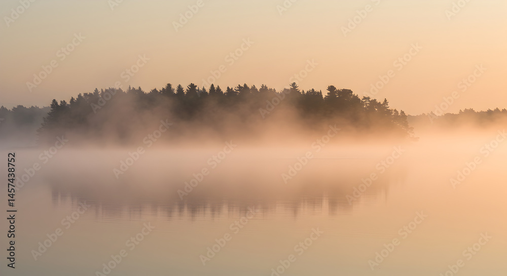 Fototapeta premium Misty Lakeside Dawn Serene Lake Reflection Tranquil Morning Light Peaceful Scene
