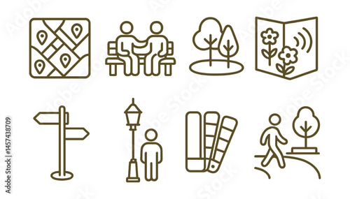 Line style icons of care-based urban design: neighborhood support map, social bench icon, open plaza with trees, sensory-friendly corner, wayfinding pole, human-scale lighting, warm colors board,
