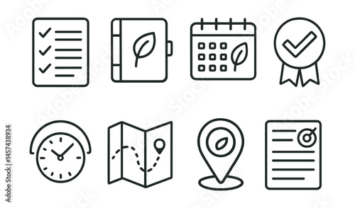 Line style icons of sustainable planning habits: prep for ease layout, reusable lesson plan folder, monthly balance calendar, realistic timeline badge, buffer time zone icon, flexible pacing map,