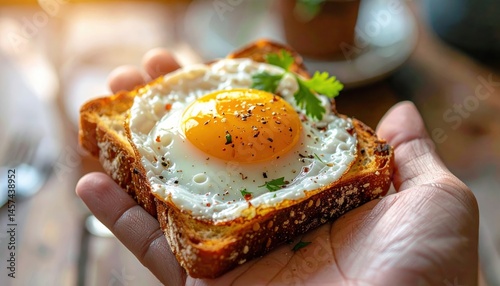 A perfectly fried egg with a bright yolk sits atop toasted sourdough bread, garnished with parsley and pepper, held in a hand against a blurred background.
