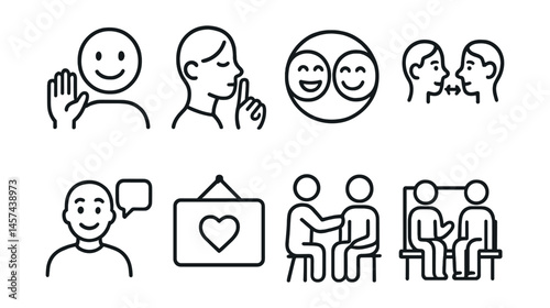 Line style icons of everyday micro-moments of care: greeting with smile icon, pause before speak card, shared laugh badge, eye contact respect symbol, name said warmly tag, appreciation in hallway