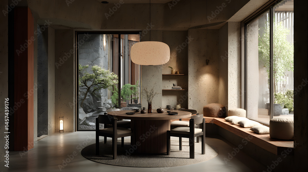Fototapeta premium Serene Japandi Dining Room Design Minimalist Interior with Natural Elements
