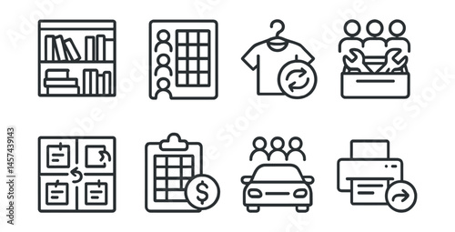 Line style icons of shared resource culture: book swap shelf, co-living chore chart, clothing share icon, group tool kit, note exchange board, dorm lend tracker, ride share icon, print share pass.