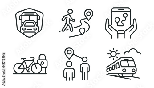Line style icons of eco-conscious travel: bus over car badge, walkable campus route, bike lock rack, public transport app, shared trip plan, local explore guide, train for holidays icon, low-flying