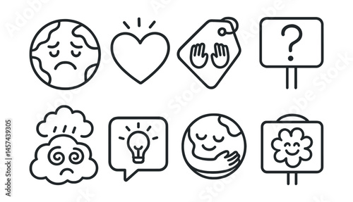 Line style icons of emotions and climate care: sad Earth face, hopeful heart icon, “we can help” tag, curious question board, overwhelmed cloud badge, “ask and learn” symbol, calm Earth cuddle, joy