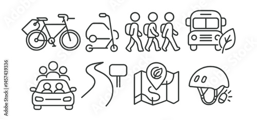 Line style icons of eco transport for kids: bike to school tag, scooter instead of car, walk as group icon, school bus eco leaf, carpool sign, path and parkboard, nature-safe routes map, helmet and