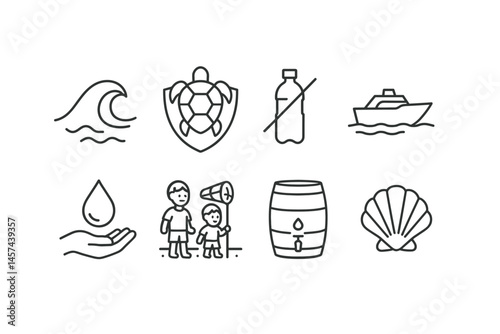 Line style icons of ocean and water care: clean water wave, sea life safe zone, don’t drop plastic icon, boat with no oil trail, water saver drop, kids on beach with net, rain barrel symbol, ocean