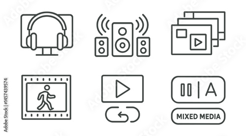 Line style icons of multimedia exhibitions: screen with headphones, surround sound icon, digital projection wall, layered media display, animation sample frame, video loop player, pause/play controls