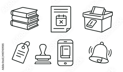 Line style icons of book borrowing process: stack of borrowed books, due date slip, renew online icon, return bin, hold request tag, checkout stamp, library app screen, return reminder bell.