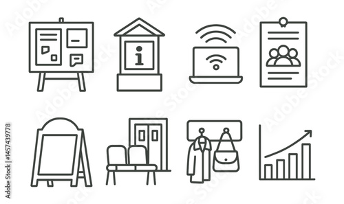 Line style icons of library as public space: civic event board, info hub kiosk, free wifi sign, community meeting flyer, welcome board, seating near entrance, coat and bag hook, visitor stats chart.