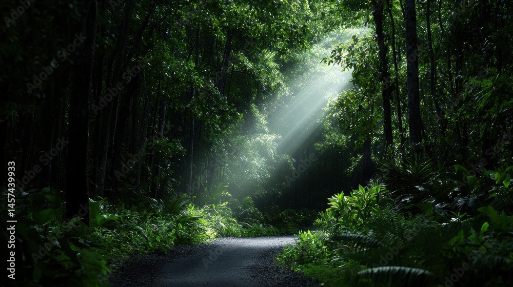 Obraz premium A forest path is lit by the sun, creating a peaceful and serene atmosphere