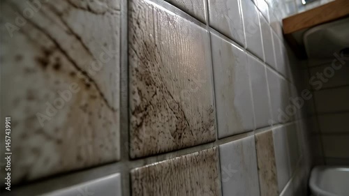 Dirty tiled bathroom wall with streaks of grime and mold accumulating in the grout lines and on the surface, closeup, indoors.