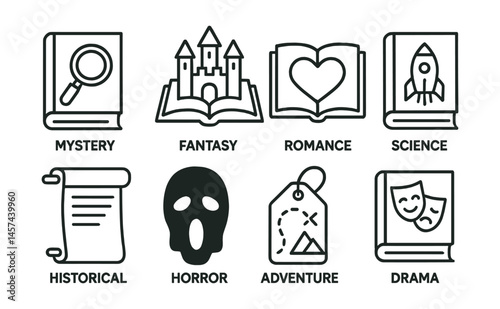 Line style icons of fiction genres: mystery novel cover, fantasy castle book, romance heart and pages, science fiction rocket book, historical fiction scroll, horror shadow face icon, adventure map