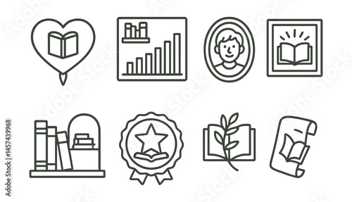 Line style icons of literary appreciation: “I love books” pin, shelf goals chart, daily read tracker, favorite character sticker, book quote wall, personal library icon, reread star badge, literary