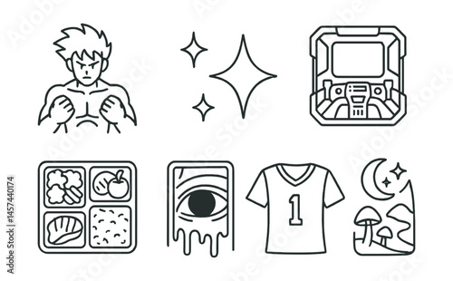 Line style icons of anime genres: shonen power pose, shojo sparkle symbol, mecha cockpit frame, isekai portal badge, slice-of-life bento lunch, horror eye shadow frame, sports uniform sketch, magical