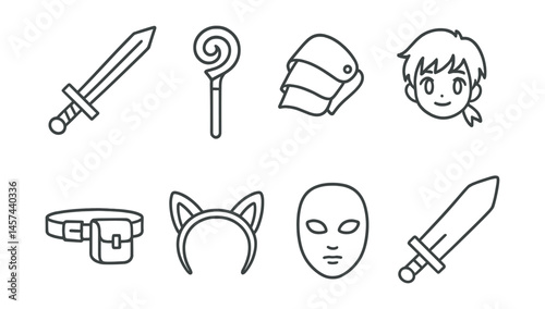 Line style icons of cosplay accessories: fantasy sword prop, magic staff symbol, shoulder armor plate, anime badge pin, utility belt with pouch, headband with ears, character mask icon, foam prop