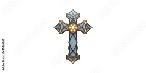 Stained Glass Cross With Intricate Design. Symbol Of Faith And Spirituality Isolated On Transparent Background photo