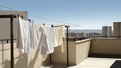 Laundry drying on a rooftop under the midday sun