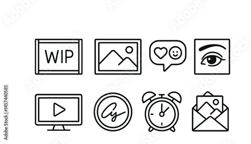 Line style icons of fan art uploads and posts: “WIP” progress frame, final post thumbnail, caption with emojis icon, crop to detail square, speedpaint video tag, watermark signature badge, upload