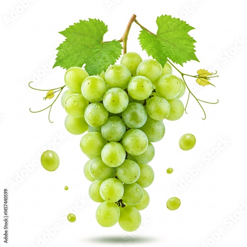 Juicy bunch of green grapes with leaves isolated on a white background. Fresh fruit, healthy eating
