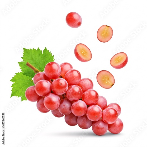 A bunch of red seedless grapes with water droplets and several cut grape halves.