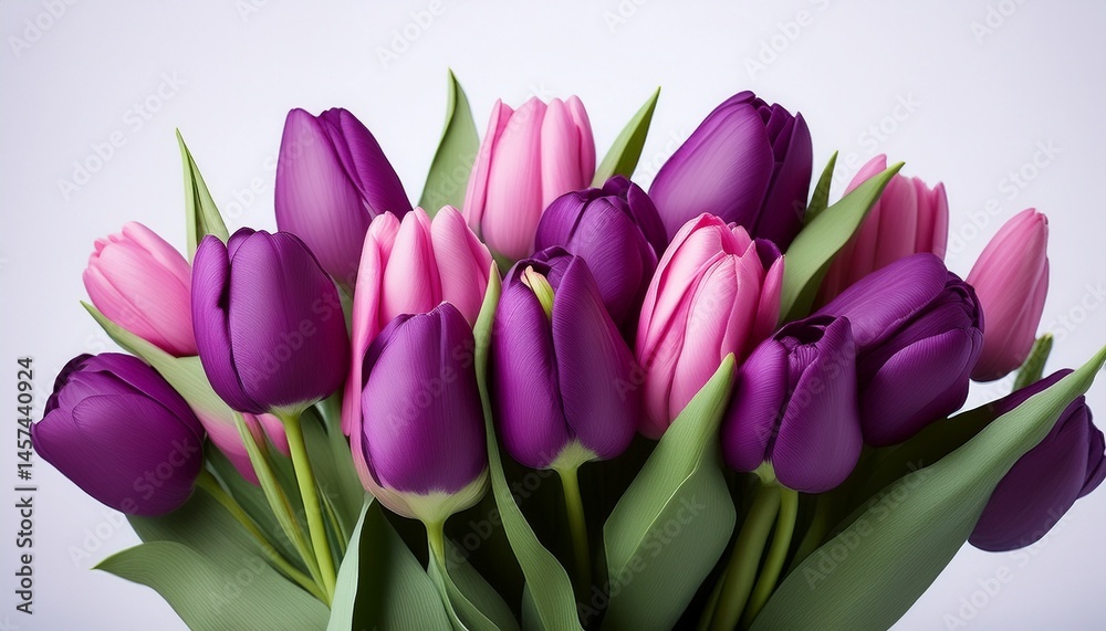 a bouquet of purple tulips with pink petals and green leaves