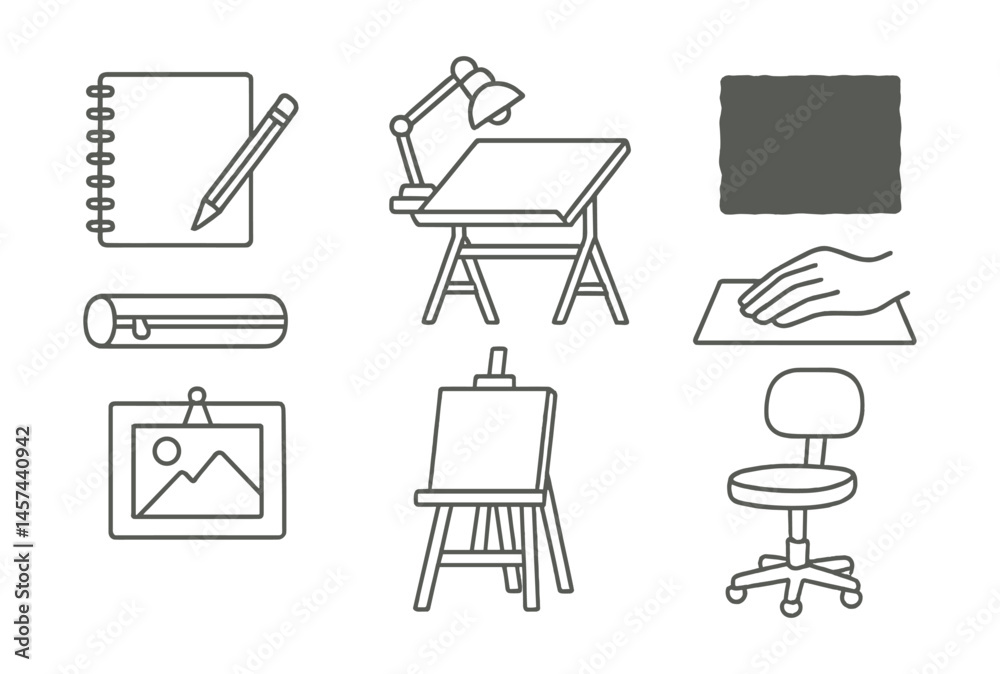 Line style icons of traditional drawing setup: sketchbook and pencil, art desk with lamp, paper texture icon, hand resting on paper, pencil case, reference photo board, standing easel, artist’s chair