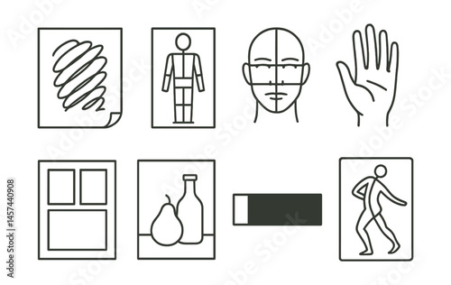 Line style icons of sketching basics: rough sketch page, figure drawing frame, face proportions grid, hand pose reference, thumbnail sketch layout, still life composition, value scale strip, gesture