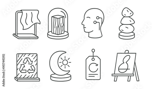 Line style icons of mixed media sculpture: metal + fabric combo, glass with wood, clay + electronics, found object stack, recycled material board, light-integrated shape, motion piece tag, hybrid