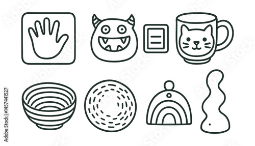 Line style icons of kids’ ceramics projects: handprint in clay, pinch pot monster, name-stamped tile, animal face mug, simple coiled bowl, textured plate slab, rainbow glazed pendant, funny shaped