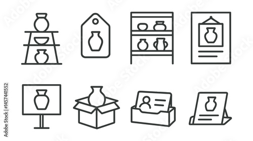 Line style icons of ceramic exhibition and sales: pottery display stand, price tag label, gallery shelf view, open studio flyer, ceramics show sign, customer pickup box, business card holder, exhibit