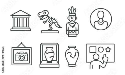 Line style icons of museum types and collections: fine art museum icon, natural history dinosaur, science and tech display, ethnographic figure, fashion exhibition badge, photography hall, archeology