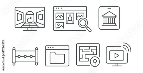 Line style icons of digital and online exhibits: virtual tour screen, online gallery grid, zoomable art detail, museum app icon, digital timeline scroll, online archive file, interactive floorplan,