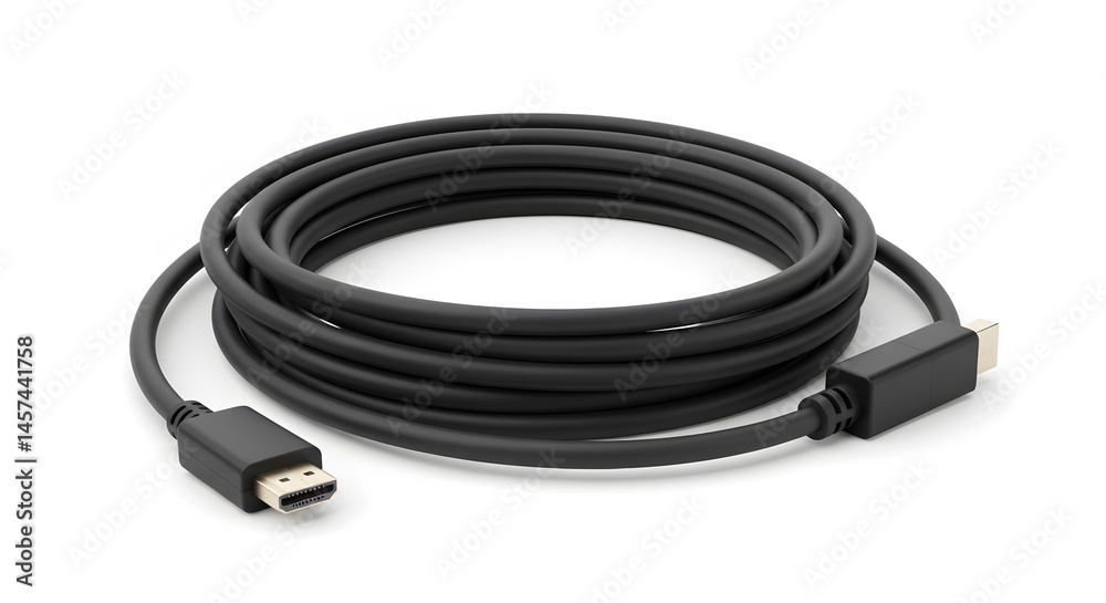 A coiled black hdmi cable with connectors on each end lying on a white surface in a studio shot A coiled black hdmi cable with connectors on each end lying on a white surface in a studio shot