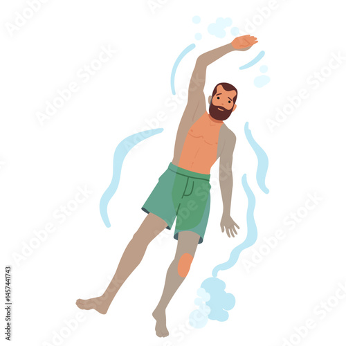 Young guy tourist cartoon character enjoying backstroke floating in sea waves aerial top view