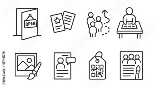 Line style icons of public engagement at residencies: open studio door sign, visitor feedback cards, group tour path, interactive table icon, artwork label in progress, artist talk invite, QR guide