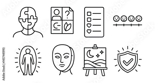 Line style icons of identity and self-expression: self-portrait puzzle, “who I am” collage icon, values sketch list, timeline of feelings, personal space drawing, identity layers mask, “my inner